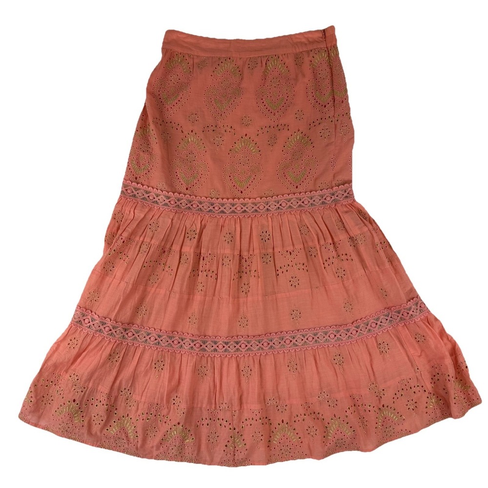 Boston Proper Skirt Womens Medium Eyelet Cotton Tiered Maxi Boho Embroidered